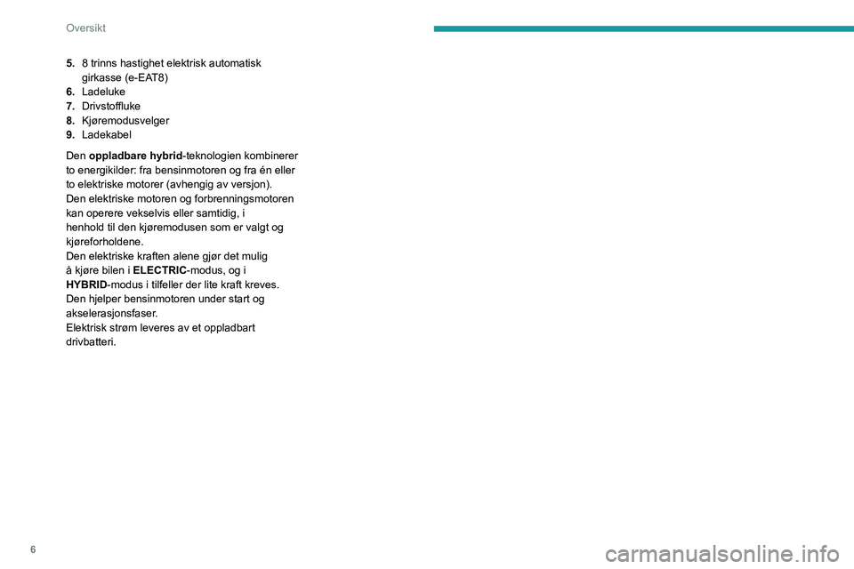 PEUGEOT 5008 2020  Instruksjoner for bruk (in Norwegian) 6
Oversikt
5.8 trinns hastighet elektrisk automatisk 
girkasse (e-EAT8)
6. Ladeluke
7. Drivstoffluke
8. Kjøremodusvelger
9. Ladekabel
Den oppladbare hybrid -teknologien kombinerer 
to energikilder: f