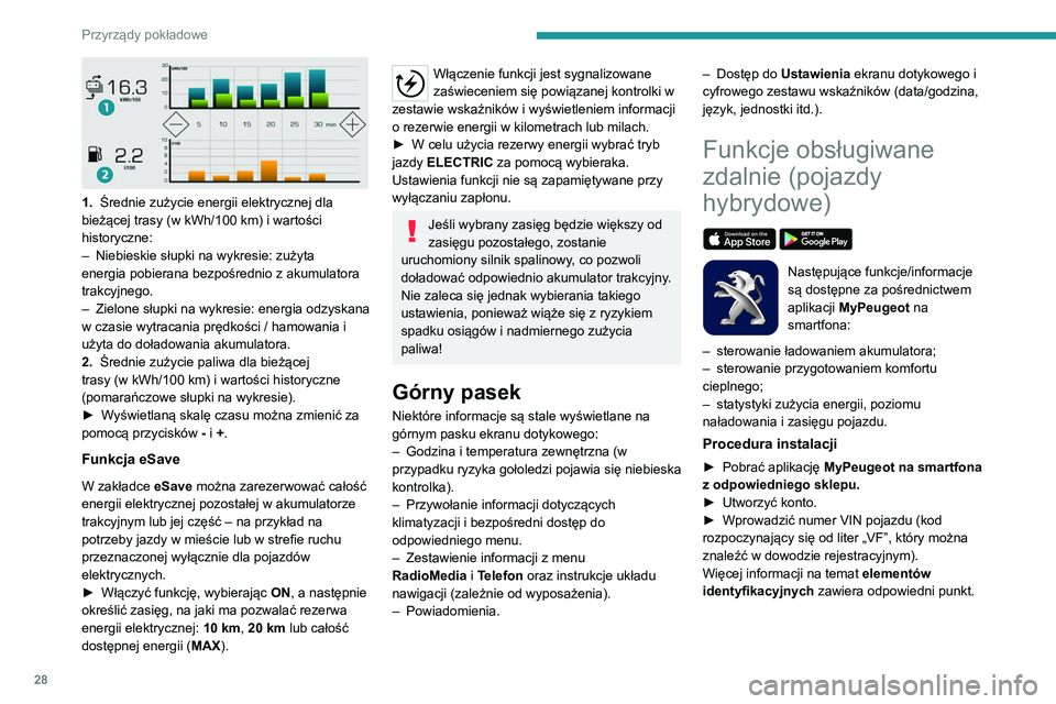 PEUGEOT 5008 2020 Instrukcja obsługi (in Polish) 28
Przyrządy pokładowe
1. Średnie zużycie energii elektrycznej dla
bieżącej trasy (w kWh/100 km) i wartości
historyczne:
–
Niebieskie słupki na wykresie: zużyta
energia pobierana b PEUGEOT 5008 2020 Instrukcja obsługi (in Polish) 28
Przyrządy pokładowe
1. Średnie zużycie energii elektrycznej dla
bieżącej trasy (w kWh/100 km) i wartości
historyczne:
–
Niebieskie słupki na wykresie: zużyta
energia pobierana b