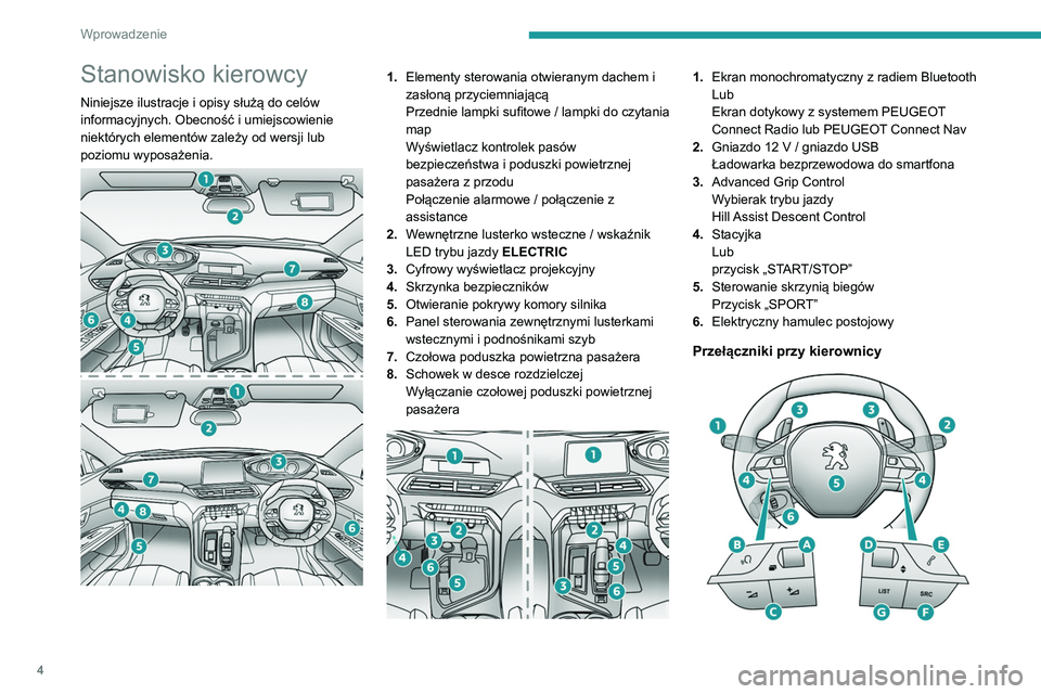 PEUGEOT 5008 2020  Instrukcja obsługi (in Polish) 4
Wprowadzenie
Stanowisko kierowcy
Niniejsze ilustracje i opisy służą do celów 
informacyjnych. Obecność i umiejscowienie 
niektórych elementów zależy od wersji lub 
poziomu wyposażenia.
 
 