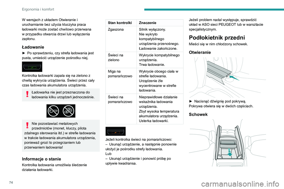 PEUGEOT 5008 2020  Instrukcja obsługi (in Polish) 74
Ergonomia i komfort
W wersjach z układem Otwieranie i 
uruchamianie bez użycia kluczyka praca 
ładowarki może zostać chwilowo przerwana 
w przypadku otwarcia drzwi lub wyłączenia 
zapłonu.
