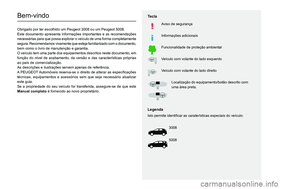 PEUGEOT 5008 2020 Manual de utilização (in Portuguese)
Bem-vindo
Obrigado por ter escolhido um Peugeot 3008 ou um Peugeot 5008.
Este documento apresenta informações importantes e as recomendações
PEUGEOT 5008 2020 Manual de utilização (in Portuguese)
Bem-vindo
Obrigado por ter escolhido um Peugeot 3008 ou um Peugeot 5008.
Este documento apresenta informações importantes e as recomendações