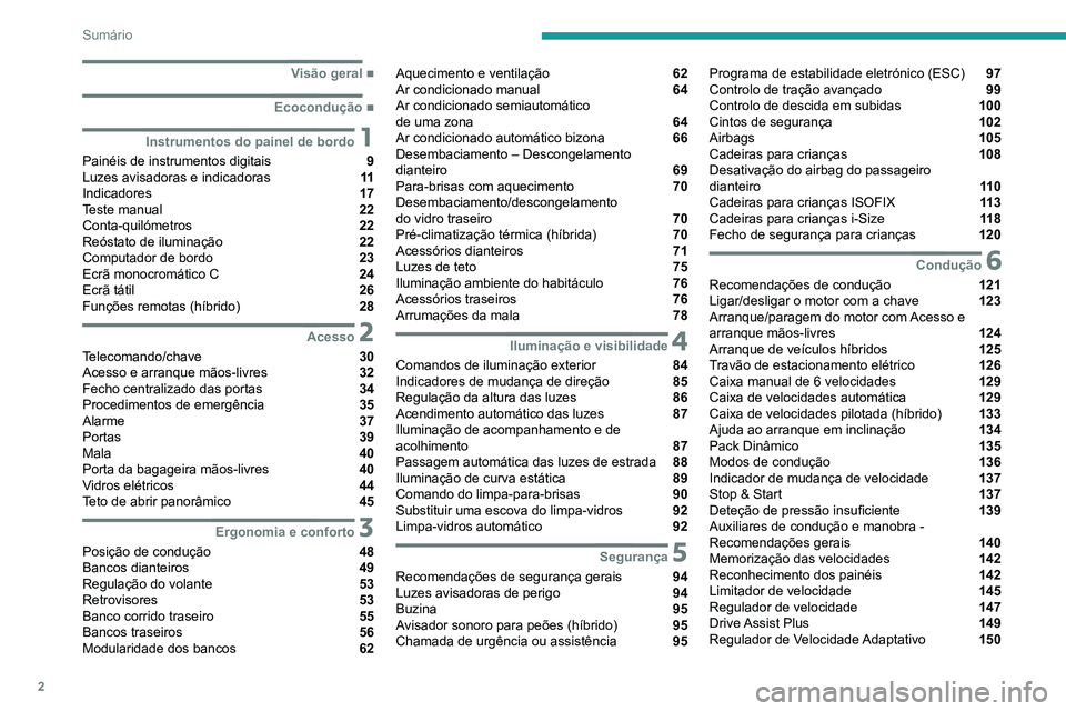 PEUGEOT 5008 2020  Manual de utilização (in Portuguese) 2
Sumário
 
 
 
 
 
 
 
   ■
Visão geral
  ■
Ecocondução
 1Instrumentos do painel de bordo
Painéis de instrumentos digitais  9
Luzes avisadoras e indicadoras  11
Indicadores  17
Teste man