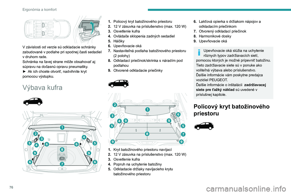 PEUGEOT 5008 2020 Návod na použitie (in Slovakian) 76
Ergonómia a komfort
V závislosti od verzie sú odkladacie schránky
zabudované v podlahe pri spodnej časti sedadiel
v druhom rade.
Schránka na ľavej strane môže obsahovať aj
súpravu PEUGEOT 5008 2020 Návod na použitie (in Slovakian) 76
Ergonómia a komfort
V závislosti od verzie sú odkladacie schránky
zabudované v podlahe pri spodnej časti sedadiel
v druhom rade.
Schránka na ľavej strane môže obsahovať aj
súpravu