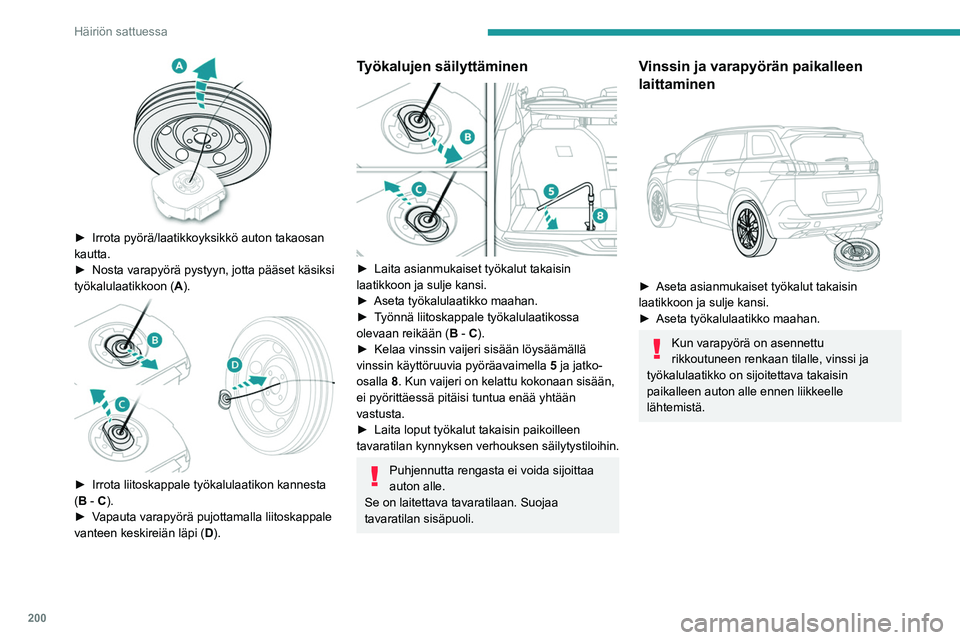PEUGEOT 5008 2020  Omistajan Käsikirja (in Finnish) 200
Häiriön sattuessa
 
►  Irrota pyörä/laatikkoyksikkö auton takaosan kautta.
► Nosta   varapyörä   pystyyn,   jotta   pääset   käsiksi  
työkalulaatikkoon (A

