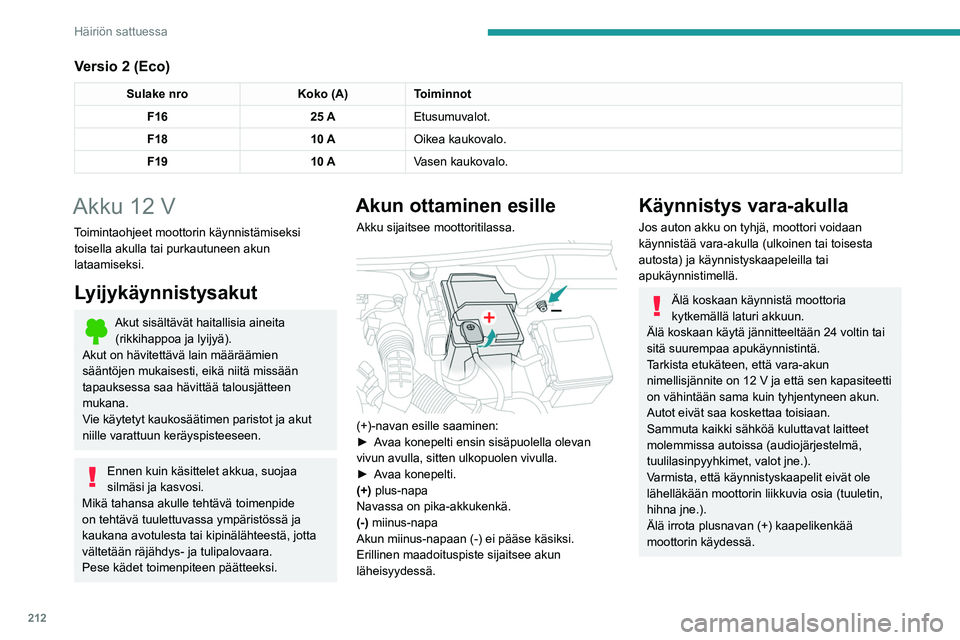 PEUGEOT 5008 2020  Omistajan Käsikirja (in Finnish) 212
Häiriön sattuessa
Versio 2 (Eco)
Sulake nroKoko (A)Toiminnot
F16 25 AEtusumuvalot.
F18 10 AOikea kaukovalo.
F19 10 AVasen kaukovalo.
Akku 12 V
Toimintaohjeet moottorin käynnistämiseksi 
toisel