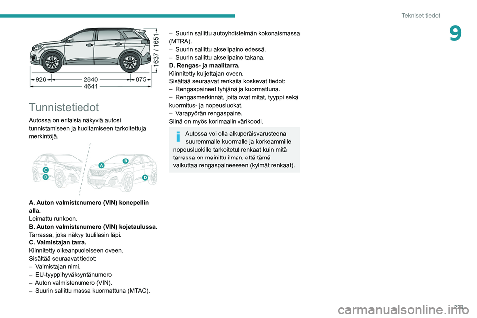 PEUGEOT 5008 2020 Omistajan Käsikirja (in Finnish) 229
Tekniset tiedot
9
Tunnistetiedot
Autossa on erilaisia näkyviä autosi
tunnistamiseen ja huoltamiseen tarkoitettuja
merkintöjä.
A. Auton valmistenumero (VIN) konepellin
alla.
Leimattu r PEUGEOT 5008 2020 Omistajan Käsikirja (in Finnish) 229
Tekniset tiedot
9
Tunnistetiedot
Autossa on erilaisia näkyviä autosi
tunnistamiseen ja huoltamiseen tarkoitettuja
merkintöjä.
A. Auton valmistenumero (VIN) konepellin
alla.
Leimattu r