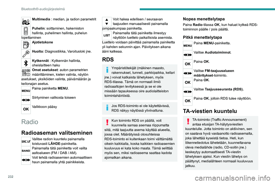 PEUGEOT 5008 2020 Omistajan Käsikirja (in Finnish) 232
Bluetooth®-audiojärjestelmä
Multimedia : median, ja radion parametrit
Puhelin: soittaminen, hakemiston
hallinta, puhelimen hallinta, puhelun
lopettaminen
Ajotietokone
Huolto: Diagnostiikka, PEUGEOT 5008 2020 Omistajan Käsikirja (in Finnish) 232
Bluetooth®-audiojärjestelmä
Multimedia : median, ja radion parametrit
Puhelin: soittaminen, hakemiston
hallinta, puhelimen hallinta, puhelun
lopettaminen
Ajotietokone
Huolto: Diagnostiikka,