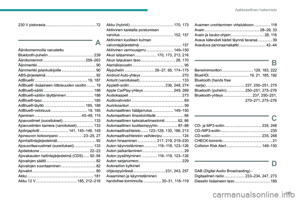 PEUGEOT 5008 2020 Omistajan Käsikirja (in Finnish) 283
Aakkosellinen hakemisto
230 V pistorasia 72
A
Äänikomennoilla varustettu
Bluetooth-puhelin
239
Äänikomennot
259–263
Äänimerkki
90
Äänimerkki jalankulkijoille PEUGEOT 5008 2020 Omistajan Käsikirja (in Finnish) 283
Aakkosellinen hakemisto
230 V pistorasia 72
A
Äänikomennoilla varustettu
Bluetooth-puhelin
239
Äänikomennot
259–263
Äänimerkki
90
Äänimerkki jalankulkijoille