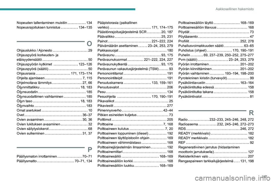 PEUGEOT 5008 2020 Omistajan Käsikirja (in Finnish) 287
Aakkosellinen hakemisto
Nopeuden tallentaminen muistiin 134
Nopeusrajoituksen tunnistus
134–135
O
Ohjauslukko / Ajonesto 29
Ohjauspyörä korkeuden- ja
etäisyydensäätö
PEUGEOT 5008 2020 Omistajan Käsikirja (in Finnish) 287
Aakkosellinen hakemisto
Nopeuden tallentaminen muistiin 134
Nopeusrajoituksen tunnistus
134–135
O
Ohjauslukko / Ajonesto 29
Ohjauspyörä korkeuden- ja
etäisyydensäätö