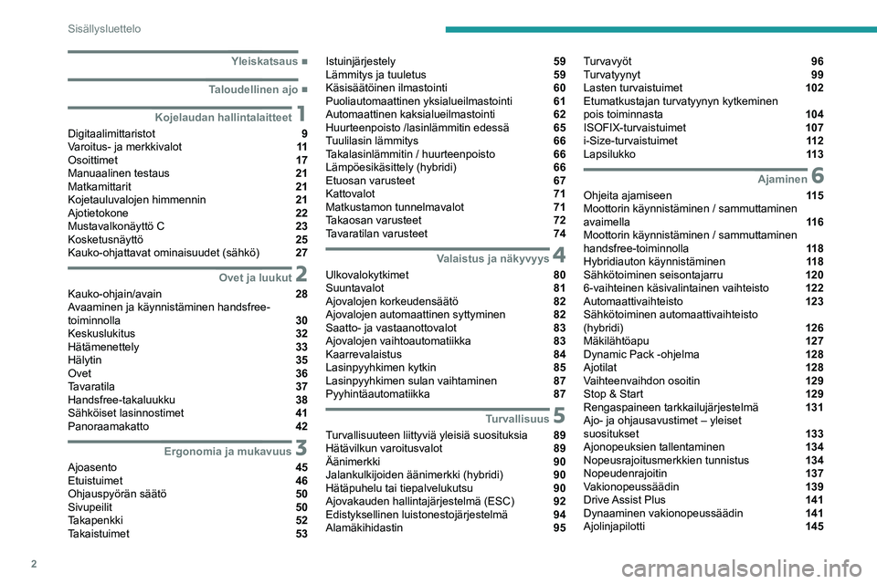 PEUGEOT 5008 2020  Omistajan Käsikirja (in Finnish) 2
Sisällysluettelo
 
 
 
 
 
 
 
   ■
Yleiskatsaus
  ■
Taloudellinen ajo
 1Kojelaudan hallintalaitteet
Digitaalimittaristot  9
Varoitus- ja merkkivalot  11
Osoittimet  17
Manuaalinen testaus 