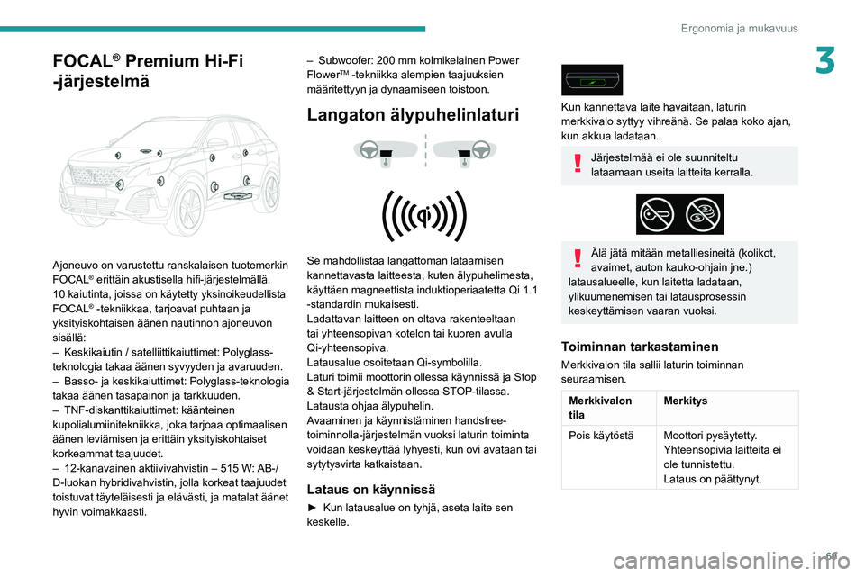 PEUGEOT 5008 2020 Omistajan Käsikirja (in Finnish) 69
Ergonomia ja mukavuus
3FOCAL® Premium Hi-Fi
-järjestelmä
Ajoneuvo on varustettu ranskalaisen tuotemerkin
FOCAL® erittäin akustisella hifi-järjestelmällä.
10 kaiutinta, joissa on PEUGEOT 5008 2020 Omistajan Käsikirja (in Finnish) 69
Ergonomia ja mukavuus
3FOCAL® Premium Hi-Fi
-järjestelmä
Ajoneuvo on varustettu ranskalaisen tuotemerkin
FOCAL® erittäin akustisella hifi-järjestelmällä.
10 kaiutinta, joissa on