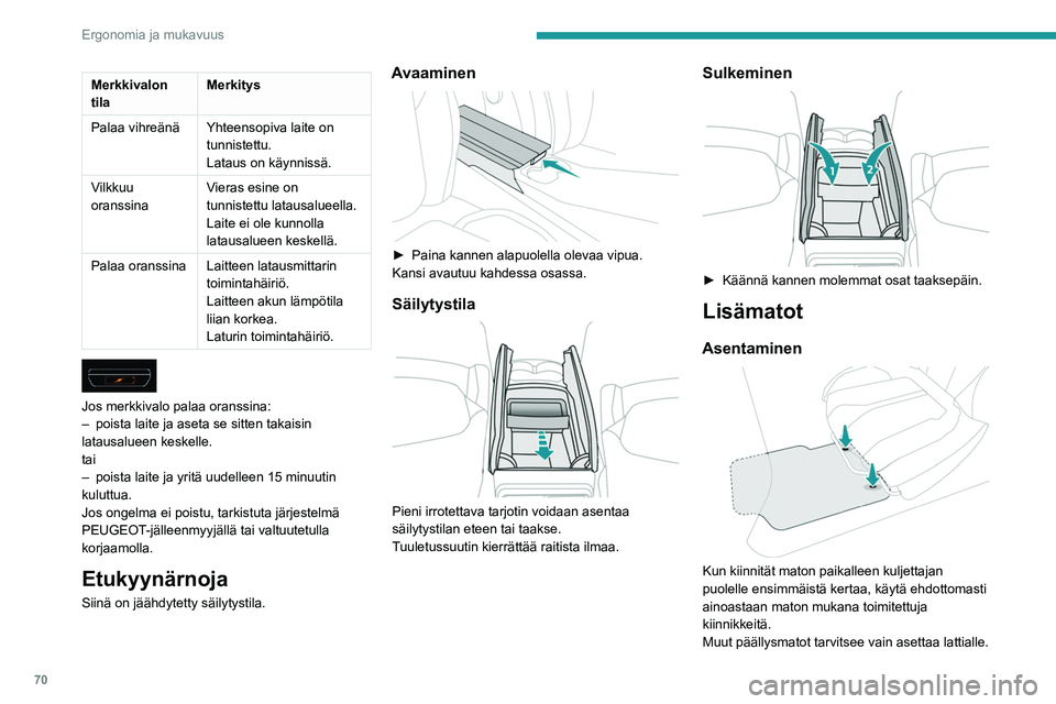 PEUGEOT 5008 2020 Omistajan Käsikirja (in Finnish) 70
Ergonomia ja mukavuus
Irrottaminen / asentaminen
► Kuljettajan puolen maton irrottamiseksi siirrä
istuinta taaksepäin ja irrota kiinnikkeet.
► Aseta matto takaisin paik PEUGEOT 5008 2020 Omistajan Käsikirja (in Finnish) 70
Ergonomia ja mukavuus
Irrottaminen / asentaminen
► Kuljettajan puolen maton irrottamiseksi siirrä
istuinta taaksepäin ja irrota kiinnikkeet.
► Aseta matto takaisin paik
