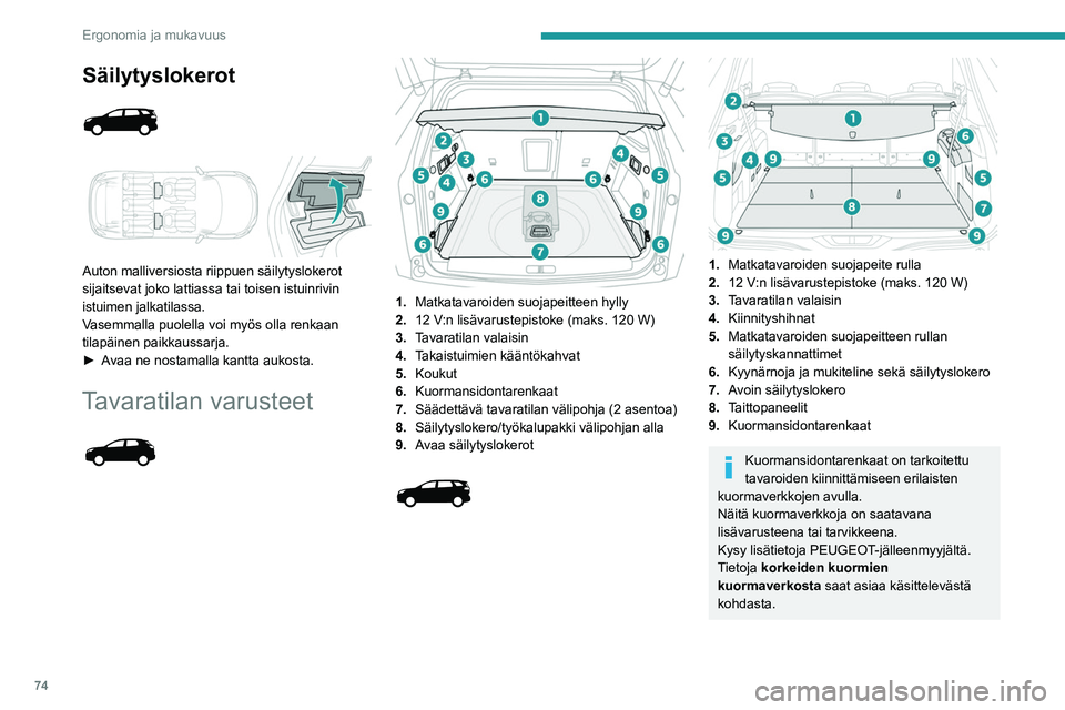 PEUGEOT 5008 2020 Omistajan Käsikirja (in Finnish) 74
Ergonomia ja mukavuus
Matkatavaroiden
suojapeitteen hylly
Se koostuu kahdesta osasta:
– kiinteä osa, jossa on avoin säilytystila.
– siirrettävä osa, joka nousee, kun tavaratila
PEUGEOT 5008 2020 Omistajan Käsikirja (in Finnish) 74
Ergonomia ja mukavuus
Matkatavaroiden
suojapeitteen hylly
Se koostuu kahdesta osasta:
– kiinteä osa, jossa on avoin säilytystila.
– siirrettävä osa, joka nousee, kun tavaratila