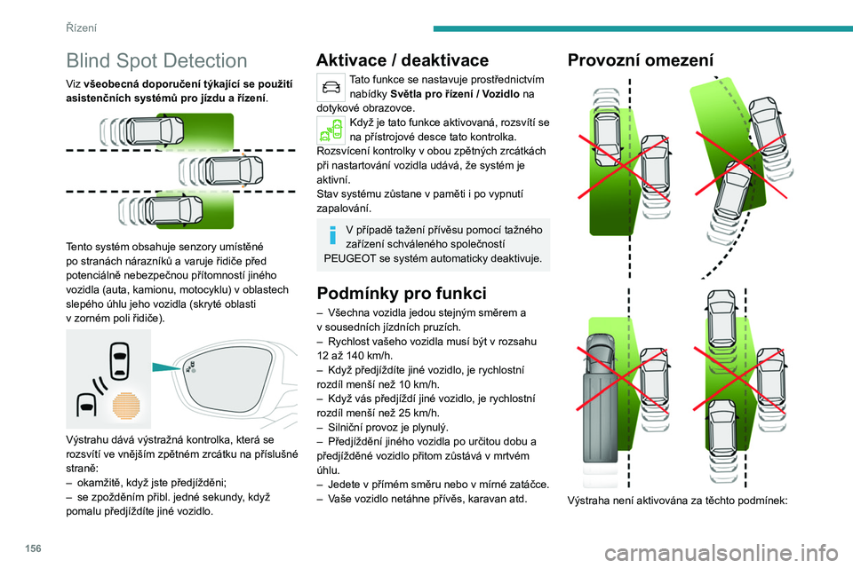 PEUGEOT 5008 2020  Návod na použití (in Czech) 156
Řízení
– V přítomnosti statických předmětů 
(zaparkovaná vozidla, svodidla, pouliční lampy, 
dopravní značky atd.).
–  Při provozu v protisměru.
–  Při jízdě po klikaté s