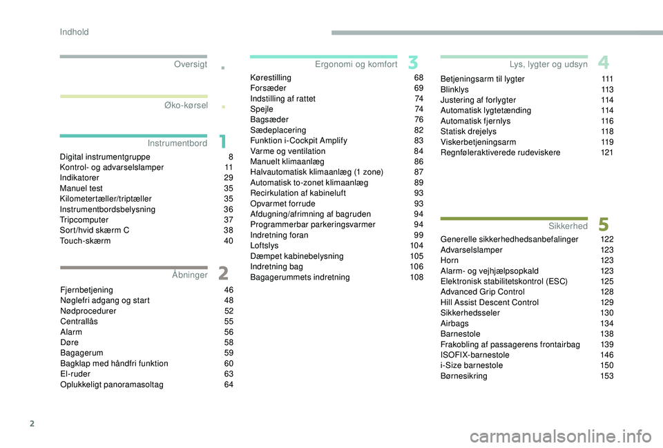 PEUGEOT 5008 2018  Brugsanvisning (in Danish) 2
.
.
Digital instrumentgruppe 8
K ontrol- og advarselslamper 1 1
Indikatorer
 

29
Manuel test
 
3
 5
Kilometertæller/triptæller
 3

5
Instrumentbordsbelysning
 3

6
Tripcomputer
 

37
Sort /hvid s