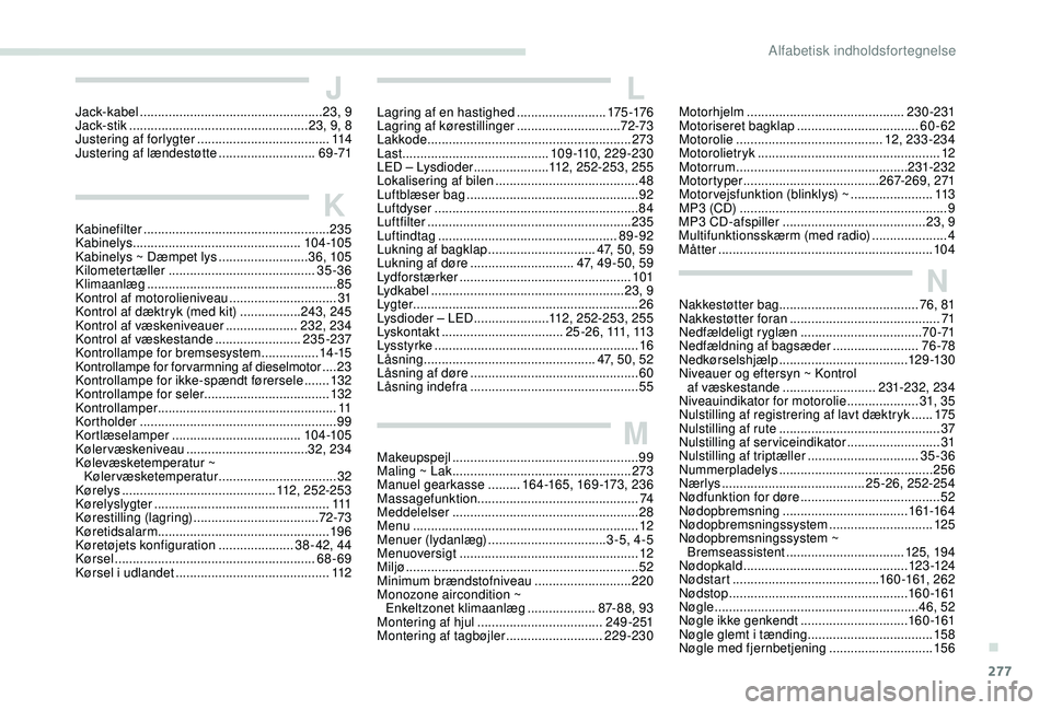 PEUGEOT 5008 2018  Brugsanvisning (in Danish) 277
Jack-kabel ................................................... 23, 9
Jack-stik ............................... ...................23, 9, 8
Justering af forlygter
 

...............................