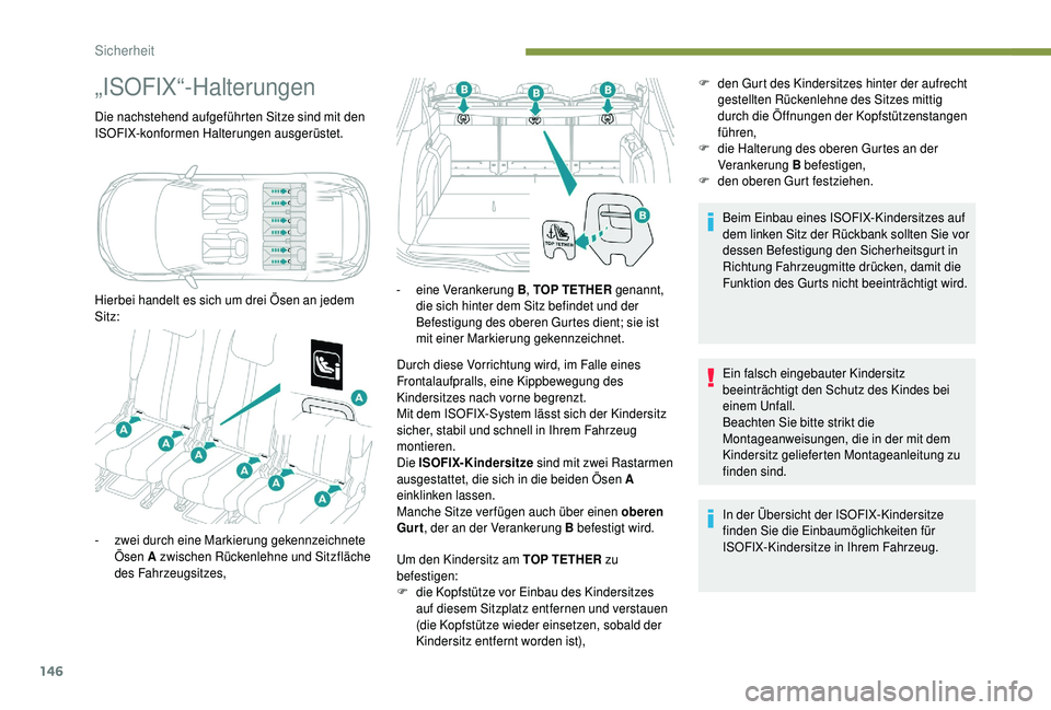 PEUGEOT 5008 2018  Betriebsanleitungen (in German) 146
„ISOFIX“-Halterungen
Die nachstehend aufgeführten Sitze sind mit den 
ISOFIX-konformen Halterungen ausgerüstet.
Hierbei handelt es sich um drei Ösen an jedem 
Sitz:Durch diese Vorrichtung w