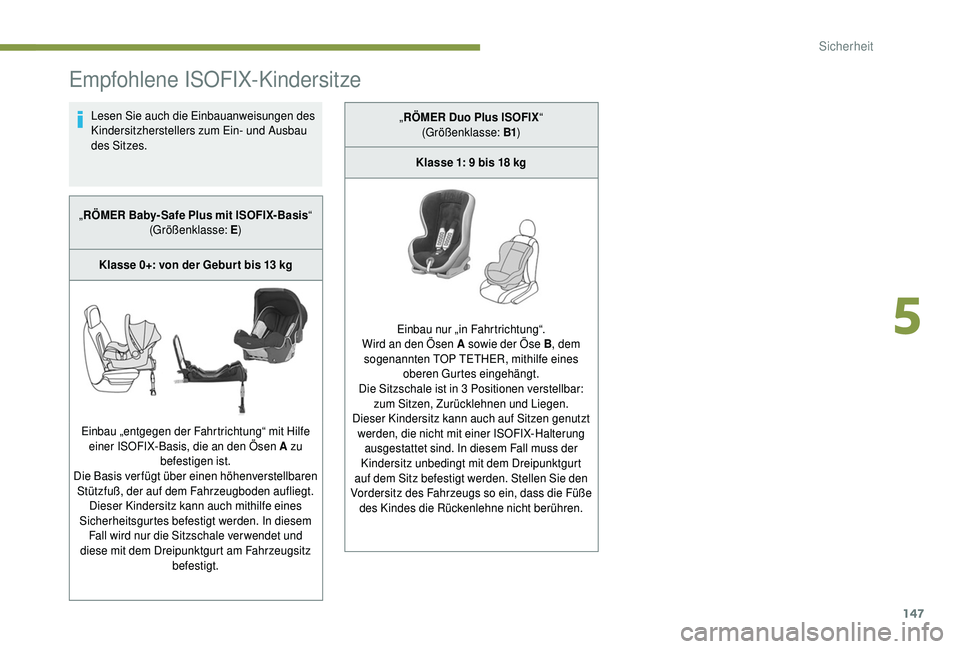 PEUGEOT 5008 2018  Betriebsanleitungen (in German) 147
Empfohlene ISOFIX-Kindersitze
Lesen Sie auch die Einbauanweisungen des 
Kindersitzherstellers zum Ein- und Ausbau 
des Sitzes.
„ RÖMER Baby- Safe Plus mit ISOFIX- Basis “
(Größenklasse: E )