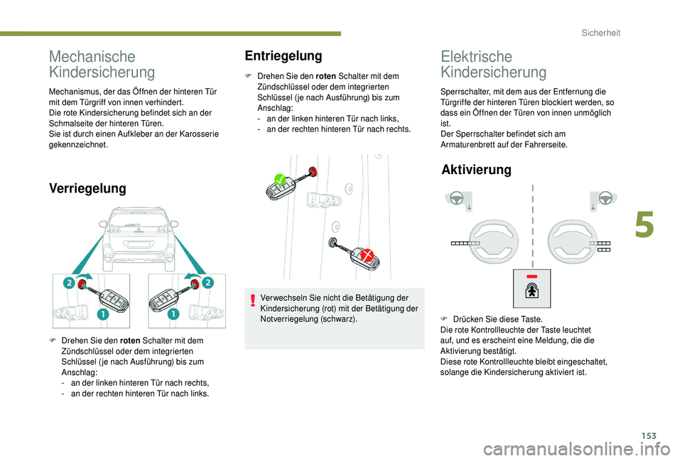 PEUGEOT 5008 2018  Betriebsanleitungen (in German) 153
Mechanische 
Kindersicherung
Mechanismus, der das Öffnen der hinteren Tür 
mit dem Türgriff von innen verhindert.
Die rote Kindersicherung befindet sich an der 
Schmalseite der hinteren Türen.