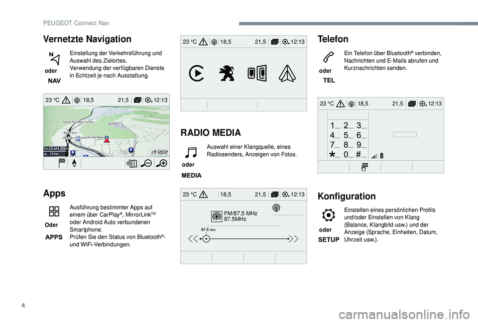PEUGEOT 5008 2018  Betriebsanleitungen (in German) 4
12:13
18,5 21,5
23 °C
FM/87.5 MHz
87.5MHz
12:13
18,5 21,5
23 °C
12:13
18,5 21,5
23 °C
12:13
18,5 21,5
23 °C
Vernetzte Navigation
 oder  Einstellung der Verkehrsführung und 
Auswahl des Zielorte