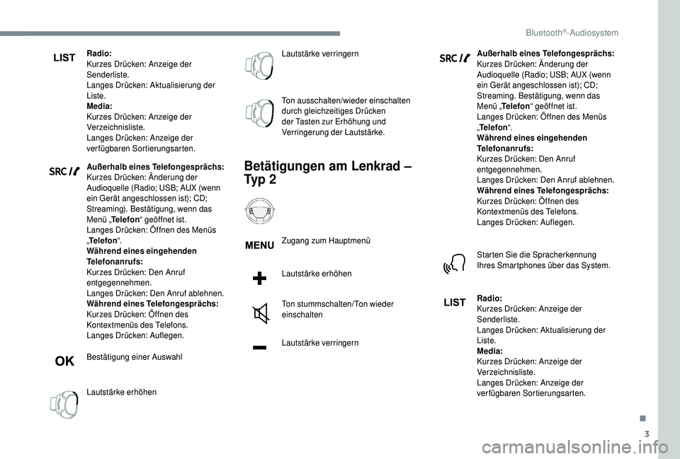 PEUGEOT 5008 2018  Betriebsanleitungen (in German) 3
Radio:
Kurzes Drücken: Anzeige der 
Senderliste.
Langes Drücken: Aktualisierung der 
Liste.
Media:
Kurzes Drücken: Anzeige der 
Verzeichnisliste.
Langes Drücken: Anzeige der 
verfügbaren Sortie