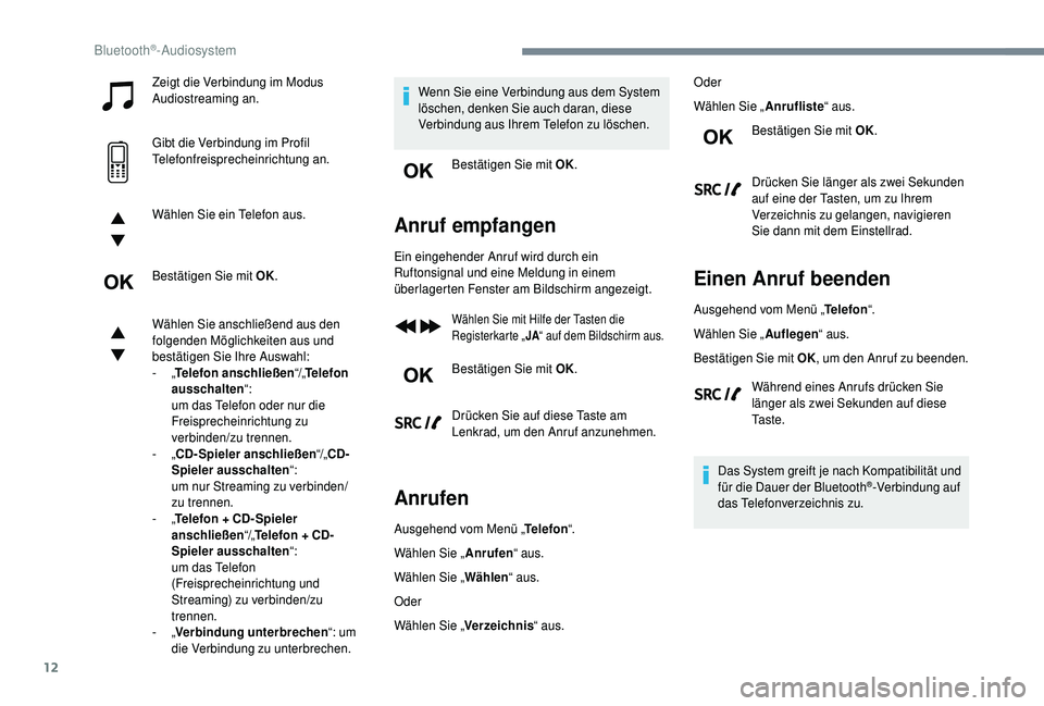 PEUGEOT 5008 2018 Betriebsanleitungen (in German) 12
Zeigt die Verbindung im Modus
Audiostreaming an.
Gibt die Verbindung im Profil
Telefonfreisprecheinrichtung an.
Wählen Sie ein Telefon aus.
Bestätigen Sie mit OK.
Wählen Sie anschließend aus PEUGEOT 5008 2018 Betriebsanleitungen (in German) 12
Zeigt die Verbindung im Modus
Audiostreaming an.
Gibt die Verbindung im Profil
Telefonfreisprecheinrichtung an.
Wählen Sie ein Telefon aus.
Bestätigen Sie mit OK.
Wählen Sie anschließend aus