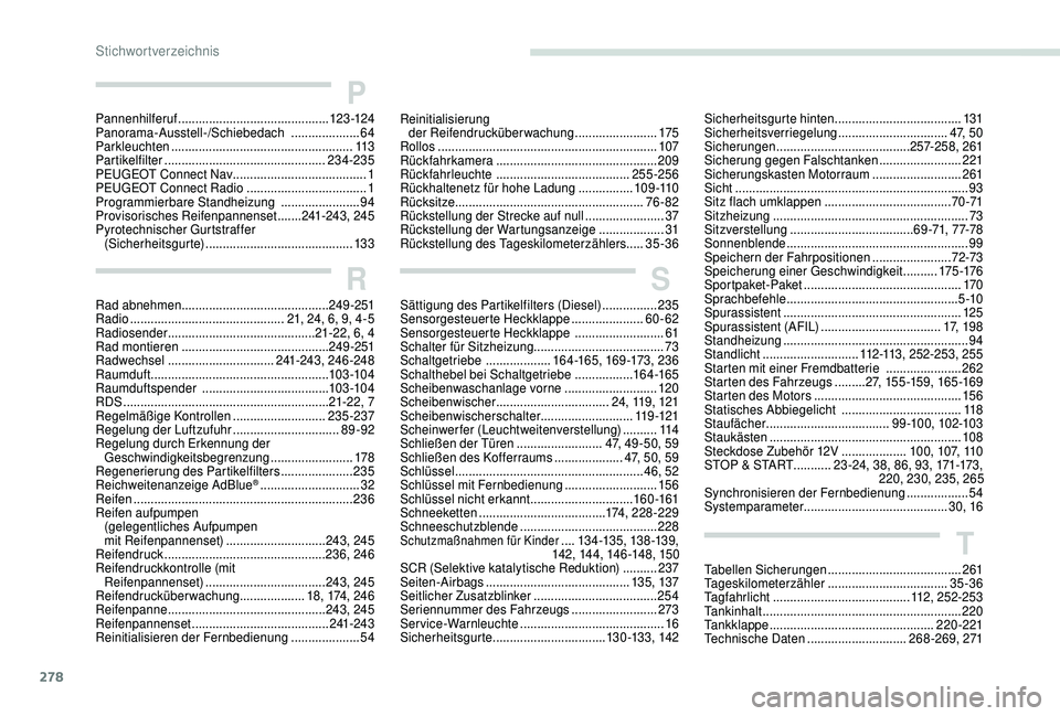 PEUGEOT 5008 2018 Betriebsanleitungen (in German) 278
T
S
Sättigung des Partikelfilters (Diesel) ................235
Sensorgesteuerte Heckklappe .....................60-62
Sensorgesteuerte Heckklappe
..........................61
Schalter für Si PEUGEOT 5008 2018 Betriebsanleitungen (in German) 278
T
S
Sättigung des Partikelfilters (Diesel) ................235
Sensorgesteuerte Heckklappe .....................60-62
Sensorgesteuerte Heckklappe
..........................61
Schalter für Si