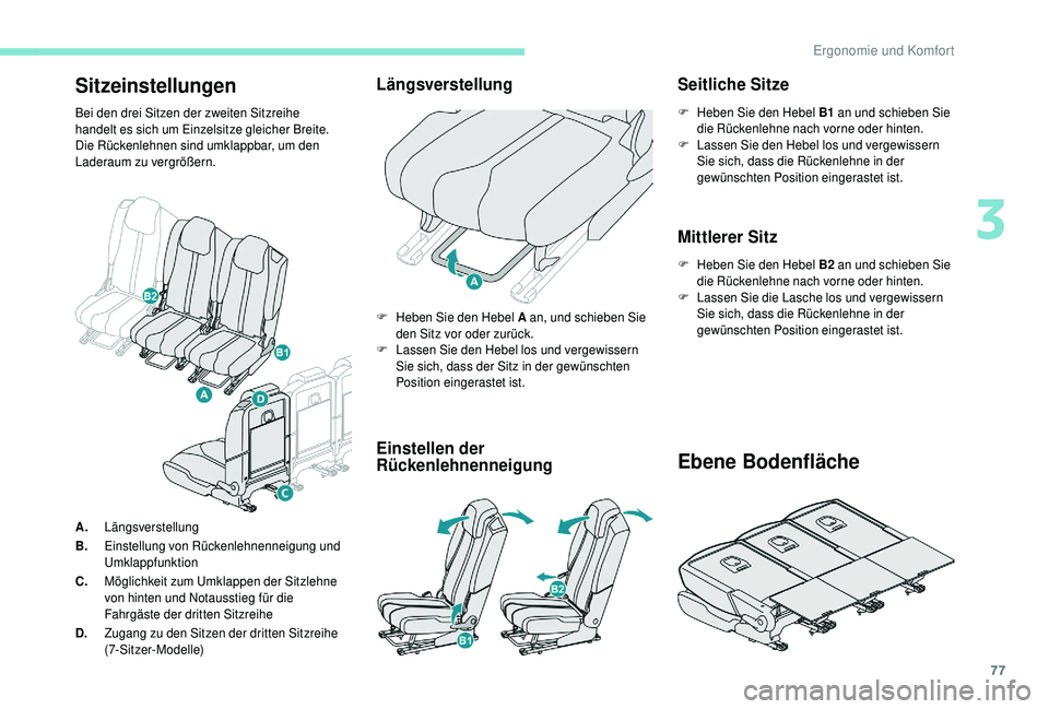 PEUGEOT 5008 2018  Betriebsanleitungen (in German) 77
Sitzeinstellungen
Bei den drei Sitzen der zweiten Sitzreihe 
handelt es sich um Einzelsitze gleicher Breite. 
Die Rückenlehnen sind umklappbar, um den 
Laderaum zu vergrößern.
Längsverstellung
