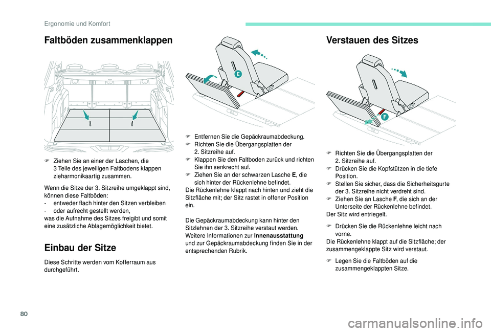 PEUGEOT 5008 2018  Betriebsanleitungen (in German) 80
Faltböden zusammenklappen
Wenn die Sitze der 3. Sitzreihe umgeklappt sind, 
können diese Faltböden:
-
 en
tweder flach hinter den Sitzen verbleiben
-
 
o
 der aufrecht gestellt werden,
was die A