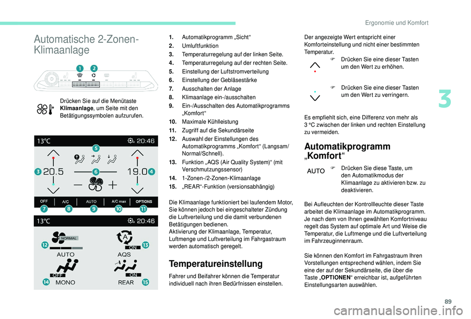 PEUGEOT 5008 2018  Betriebsanleitungen (in German) 89
Automatische 2-Zonen-
Klimaanlage
Drücken Sie auf die Menütaste 
Klimaanlage, um Seite mit den 
Betätigungssymbolen aufzurufen. 1.
Automatikprogramm „Sicht“
2. Umluftfunktion
3. Temperaturre