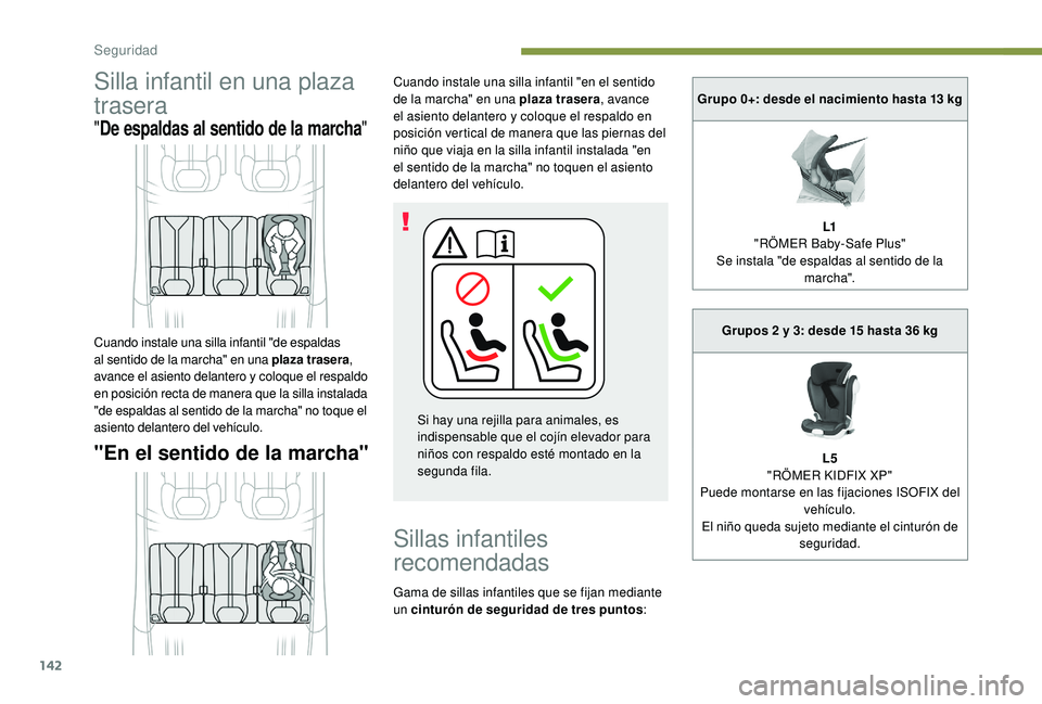 PEUGEOT 5008 2018 Manual del propietario (in Spanish) 142
Silla infantil en una plaza
trasera
"De espaldas al sentido de la marcha "
"En el sentido de la marcha"
Cuando instale una silla infantil "en el sentido
de la marcha" en PEUGEOT 5008 2018 Manual del propietario (in Spanish) 142
Silla infantil en una plaza
trasera
"De espaldas al sentido de la marcha "
"En el sentido de la marcha"
Cuando instale una silla infantil "en el sentido
de la marcha" en