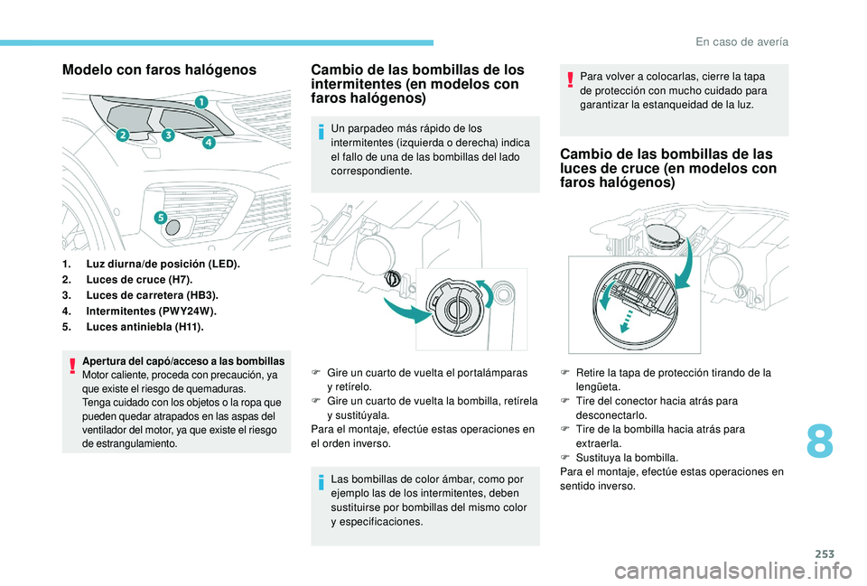 PEUGEOT 5008 2018  Manual del propietario (in Spanish) 253
Modelo con faros halógenos
1.Luz diurna/de posición (LED).
2. Luces de cruce (H7).
3. Luces de carretera (HB3).
4. Intermitentes (PWY24W).
5. Luces antiniebla (H11).
Aper tura del capó/acceso a