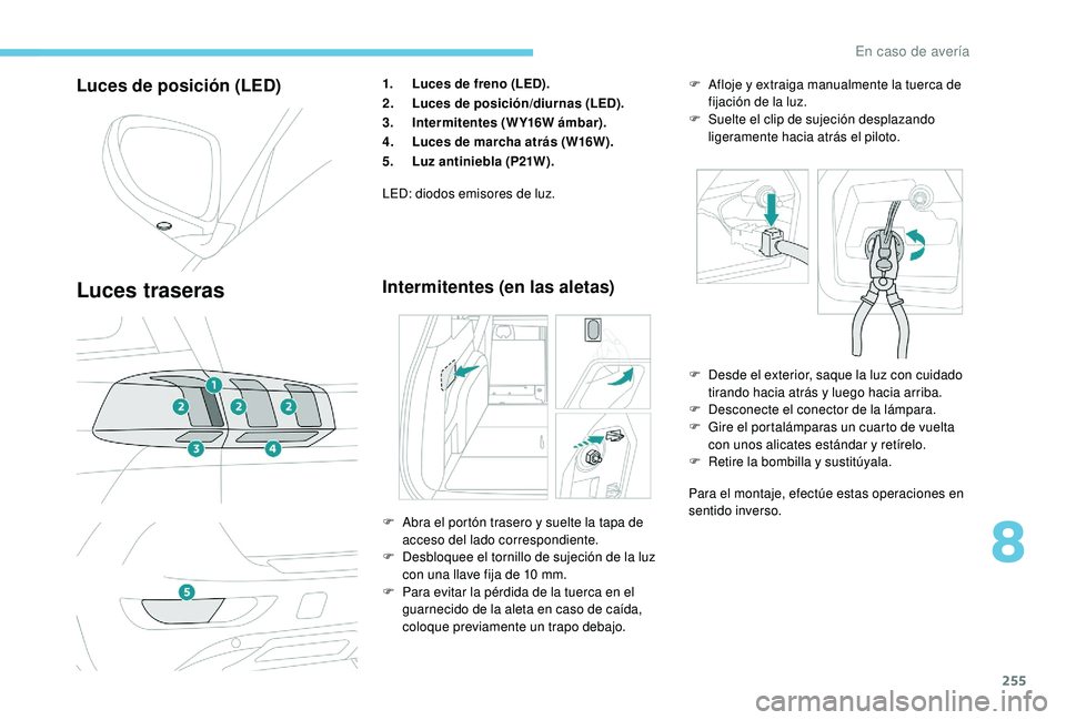 PEUGEOT 5008 2018  Manual del propietario (in Spanish) 255
Luces de posición (LED)
Luces traseras
1.Luces de freno (LED).
2. Luces de posición/diurnas (LED).
3. Intermitentes (WY16W ámbar).
4. Luces de marcha atrás (W16W).
5. Luz antiniebla (P21W).
LE