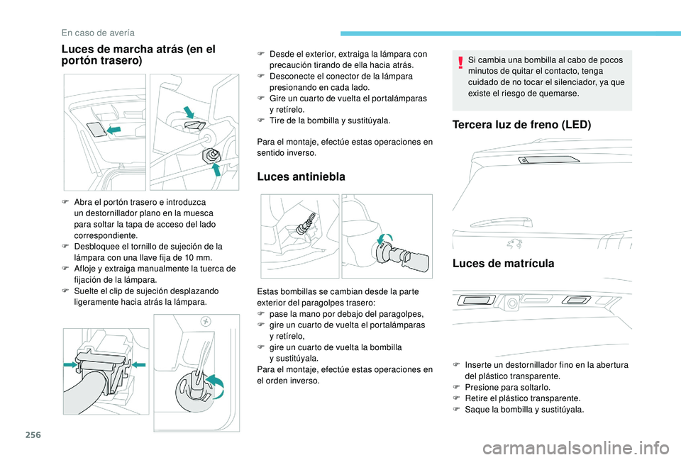 PEUGEOT 5008 2018  Manual del propietario (in Spanish) 256
Luces de marcha atrás (en el 
portón trasero)
Para el montaje, efectúe estas operaciones en 
sentido inverso.
Luces antiniebla
F Abra el portón trasero e introduzca un destornillador plano en 