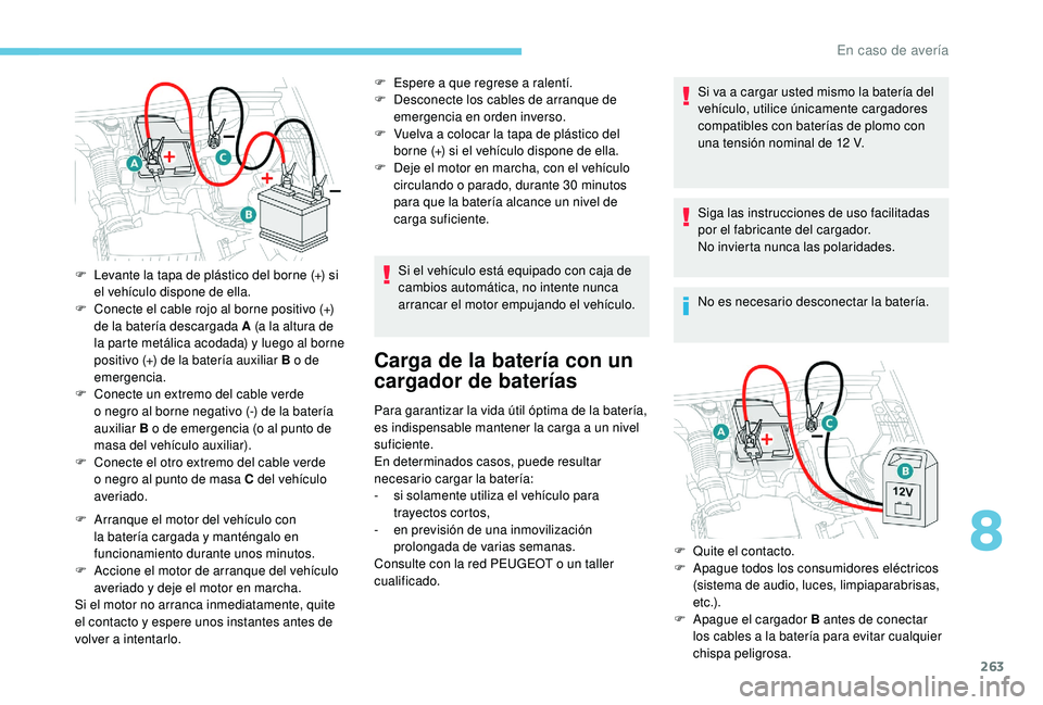 PEUGEOT 5008 2018 Manual del propietario (in Spanish) 263
F Arranque el motor del vehículo con la batería cargada y manténgalo en
funcionamiento durante unos minutos.
F
A
ccione el motor de arranque del vehículo
averiado y
deje el motor en ma PEUGEOT 5008 2018 Manual del propietario (in Spanish) 263
F Arranque el motor del vehículo con la batería cargada y manténgalo en
funcionamiento durante unos minutos.
F
A
ccione el motor de arranque del vehículo
averiado y
deje el motor en ma