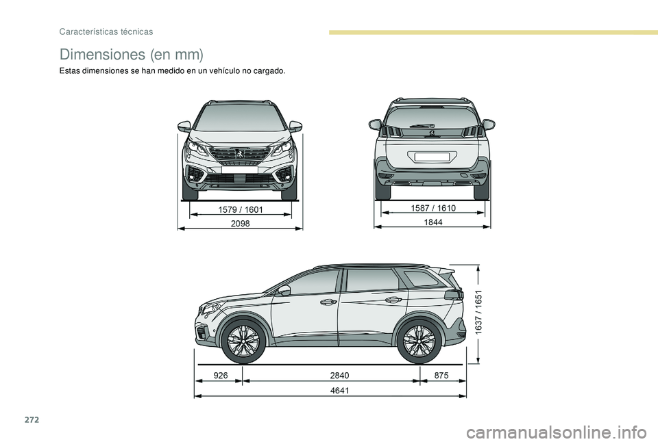 PEUGEOT 5008 2018  Manual del propietario (in Spanish) 272
Dimensiones (en mm)
Estas dimensiones se han medido en un vehículo no cargado. 
Características técnicas  