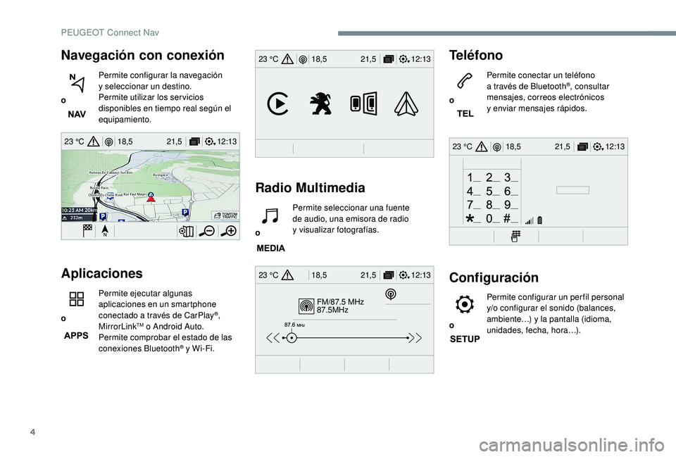 PEUGEOT 5008 2018  Manual del propietario (in Spanish) 4
12:13
18,5 21,5
23 °C
FM/87.5 MHz
87.5MHz
12:13
18,5 21,5
23 °C
12:13
18,5 21,5
23 °C
12:13
18,5 21,5
23 °C
Navegación con conexión
o Permite configurar la navegación 
y
  seleccionar un dest