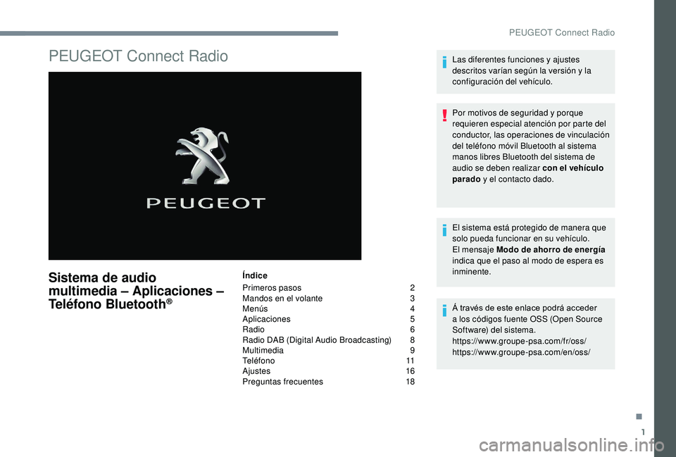 PEUGEOT 5008 2018  Manual del propietario (in Spanish) 1
PEUGEOT Connect Radio
Sistema de audio 
multimedia – Aplicaciones – 
Teléfono Bluetooth
®
Índice
Primeros pasos  
2
M

andos en el volante   
3
M

enús   
4
A

plicaciones   
5
R

adio   
6
