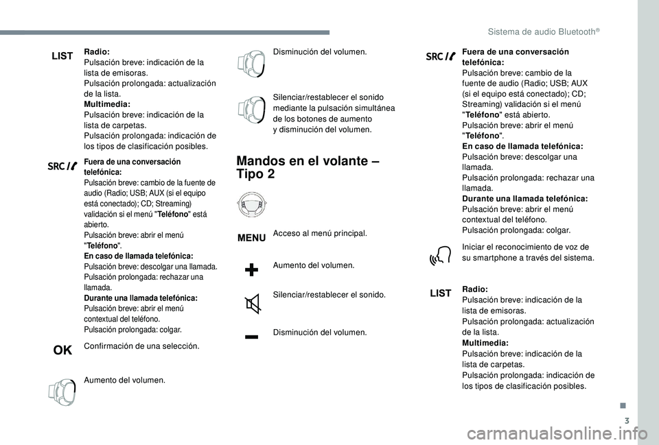 PEUGEOT 5008 2018  Manual del propietario (in Spanish) 3
Radio:
Pulsación breve: indicación de la 
lista de emisoras.
Pulsación prolongada: actualización 
de la lista.
Multimedia:
Pulsación breve: indicación de la 
lista de carpetas.
Pulsación prol