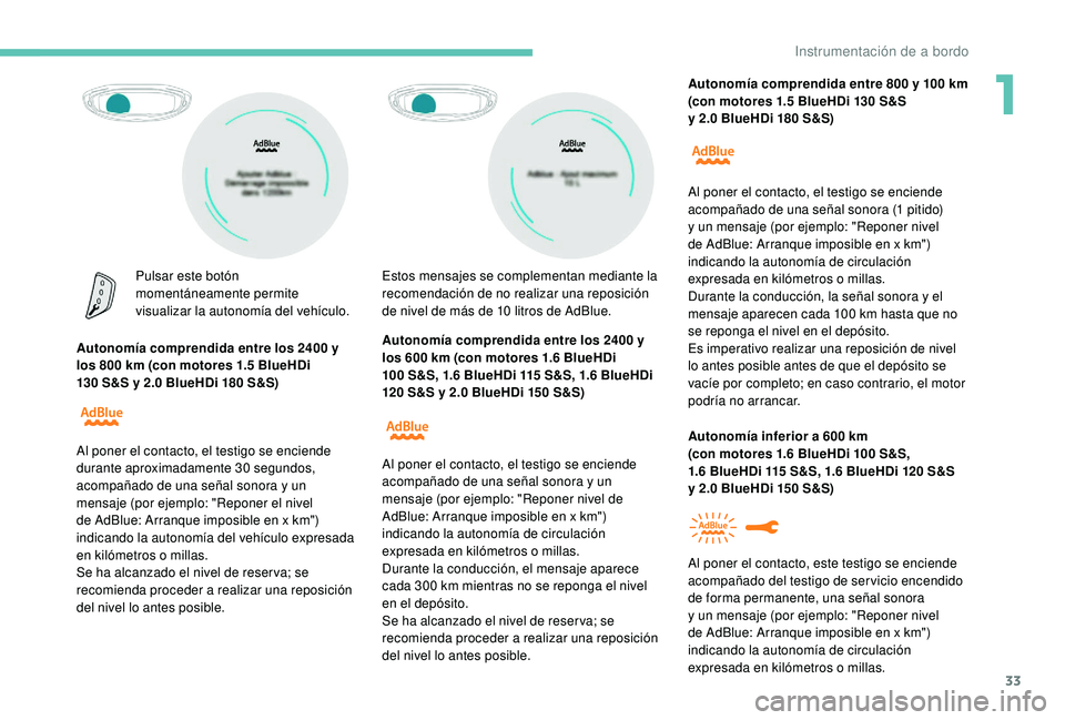 PEUGEOT 5008 2018  Manual del propietario (in Spanish) 33
Pulsar este botón 
momentáneamente permite 
visualizar la autonomía del vehículo.
Autonomía comprendida entre los 2400
 

y 
los 800
 
km (con motores 1.5
 
 BlueHDi 
130
 
S&S y   2.0   BlueH
