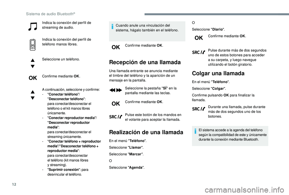 PEUGEOT 5008 2018 Manual del propietario (in Spanish) 12
Indica la conexión del per fil de
streaming de audio.
Indica la conexión del per fil de
teléfono manos libres.
Seleccione un teléfono.
Confirme mediante OK.
A continuación, seleccione y conf PEUGEOT 5008 2018 Manual del propietario (in Spanish) 12
Indica la conexión del per fil de
streaming de audio.
Indica la conexión del per fil de
teléfono manos libres.
Seleccione un teléfono.
Confirme mediante OK.
A continuación, seleccione y conf