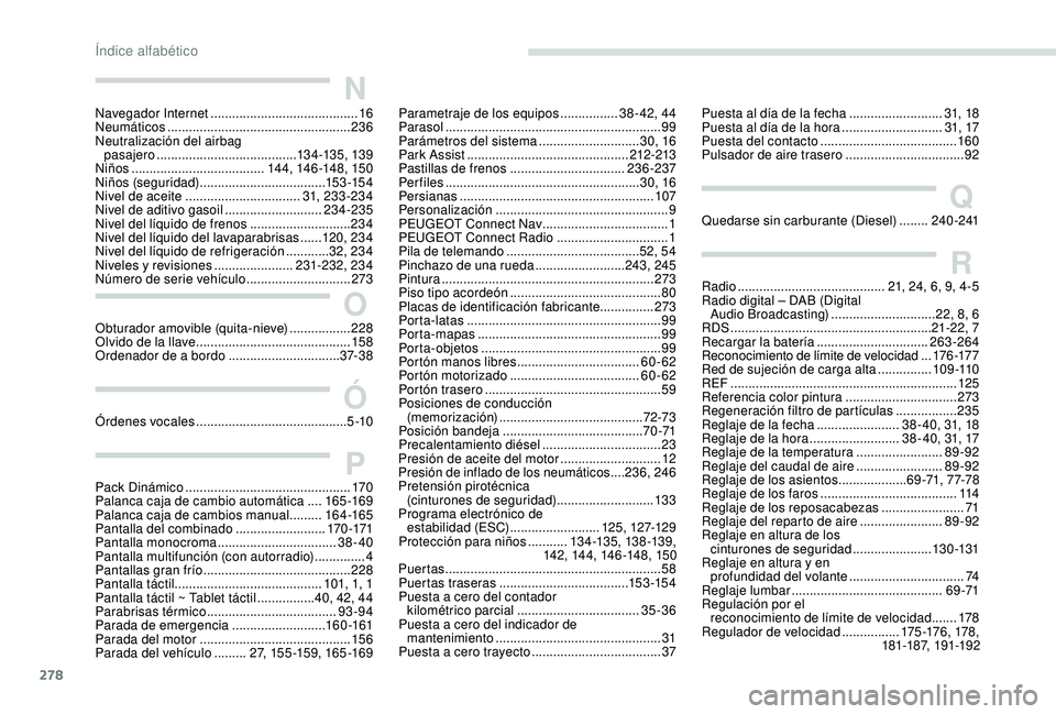 PEUGEOT 5008 2018  Manual del propietario (in Spanish) 278
N
Navegador Internet ......................................... 16
Neumáticos  ................................................... 236
Neutralización del airbag   pasajero
 

....................