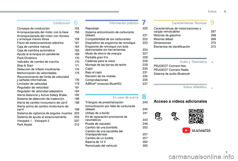 PEUGEOT 5008 2018  Manual del propietario (in Spanish) 3
.
bit.ly/helpPSA
.
Consejos de conducción 155
Arranque/parada del motor con la llave  1 56
Arranque/parada del motor con Acceso 
y
  arranque manos libres  
1
 58
Freno de estacionamiento eléctric