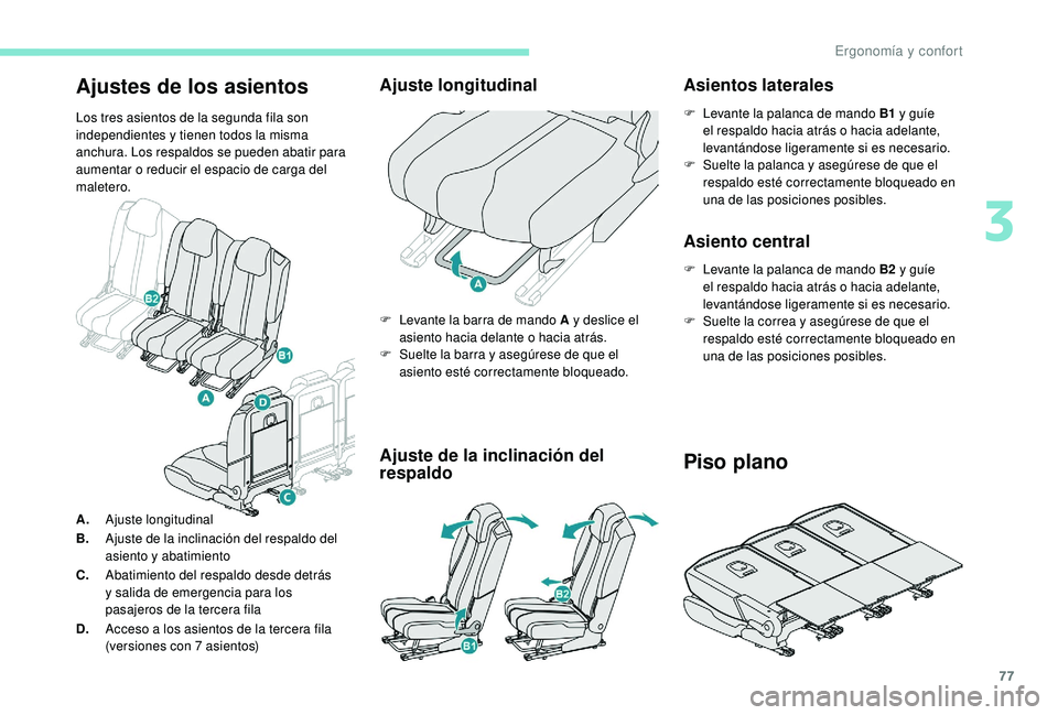 PEUGEOT 5008 2018  Manual del propietario (in Spanish) 77
Ajustes de los asientos
Los tres asientos de la segunda fila son 
independientes y tienen todos la misma 
anchura. Los respaldos se pueden abatir para 
aumentar o
  reducir el espacio de carga del 