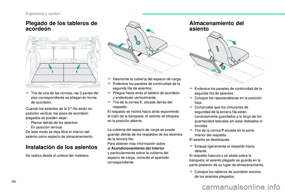 PEUGEOT 5008 2018 Manual del propietario (in Spanish) 80
Plegado de los tableros de
acordeón
Cuando los asientos de la 3.ª fila están en
posición vertical, los pisos de acordeón
plegados se pueden dejar:
-
P
lanos detrás de los asientos
-
E
PEUGEOT 5008 2018 Manual del propietario (in Spanish) 80
Plegado de los tableros de
acordeón
Cuando los asientos de la 3.ª fila están en
posición vertical, los pisos de acordeón
plegados se pueden dejar:
-
P
lanos detrás de los asientos
-
E