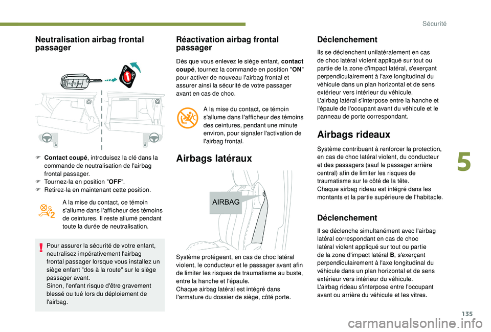 PEUGEOT 5008 2018 Manuel du propriétaire (in French) 135
Neutralisation airbag frontal
passager
F Contact coupé, introduisez la clé dans la
commande de neutralisation de l'airbag
frontal passager.
F
T
ournez-la en position " OFF".
F
PEUGEOT 5008 2018 Manuel du propriétaire (in French) 135
Neutralisation airbag frontal
passager
F Contact coupé, introduisez la clé dans la
commande de neutralisation de l'airbag
frontal passager.
F
T
ournez-la en position " OFF".
F