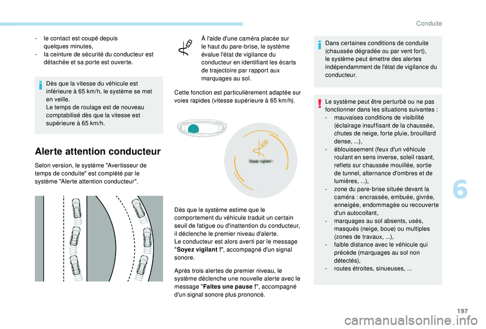 PEUGEOT 5008 2018 Manuel du propriétaire (in French) 197
- le contact est coupé depuis quelques minutes,
-
l
a ceinture de sécurité du conducteur est
détachée et sa porte est ouverte.
Dès que la vitesse du véhicule est
inférieure à 65
k PEUGEOT 5008 2018 Manuel du propriétaire (in French) 197
- le contact est coupé depuis quelques minutes,
-
l
a ceinture de sécurité du conducteur est
détachée et sa porte est ouverte.
Dès que la vitesse du véhicule est
inférieure à 65
k