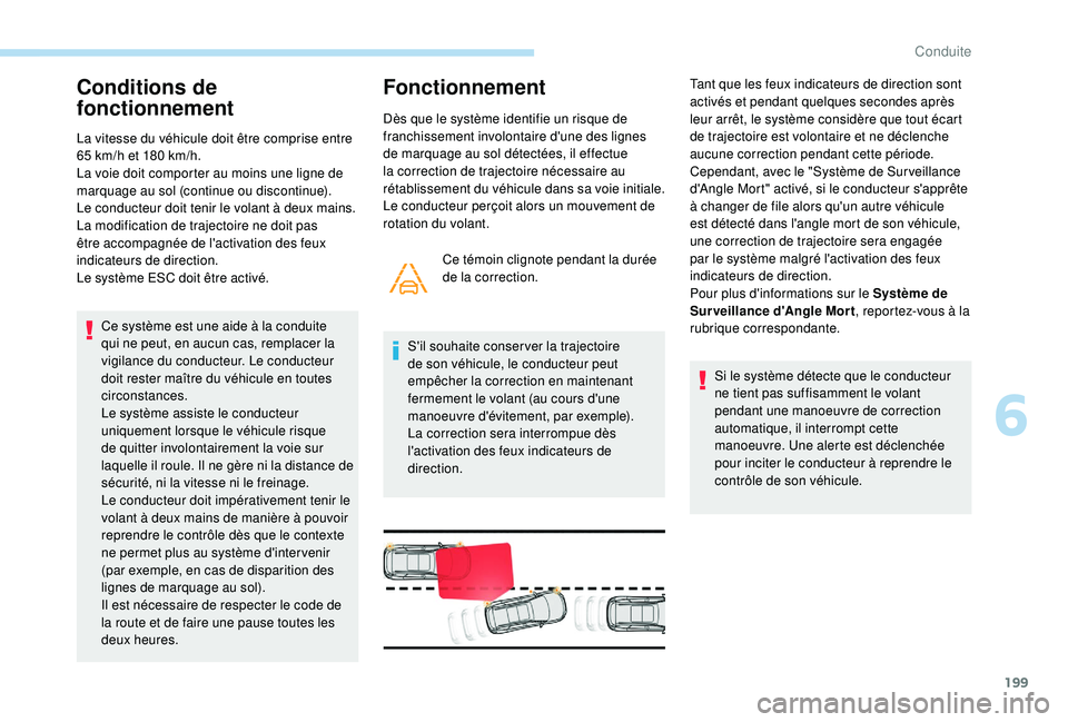 PEUGEOT 5008 2018 Manuel du propriétaire (in French) 199
Conditions de
fonctionnement
La vitesse du véhicule doit être comprise entre
65 km/h et 180 km/h.
La voie doit comporter au moins une ligne de
marquage au sol (continue ou discontinue).
Le PEUGEOT 5008 2018 Manuel du propriétaire (in French) 199
Conditions de
fonctionnement
La vitesse du véhicule doit être comprise entre
65 km/h et 180 km/h.
La voie doit comporter au moins une ligne de
marquage au sol (continue ou discontinue).
Le