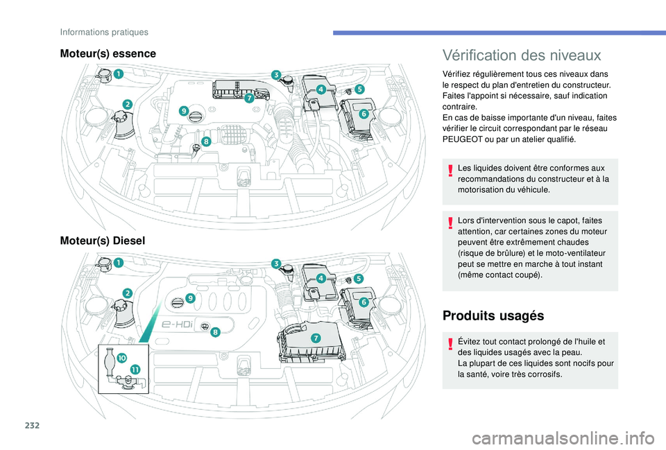 PEUGEOT 5008 2018 Manuel du propriétaire (in French) 232
Moteur(s) essence
Moteur(s) DieselVérification des niveaux
Vérifiez régulièrement tous ces niveaux dans
le respect du plan d'entretien du constructeur.
Faites l'appoint si nécessair PEUGEOT 5008 2018 Manuel du propriétaire (in French) 232
Moteur(s) essence
Moteur(s) DieselVérification des niveaux
Vérifiez régulièrement tous ces niveaux dans
le respect du plan d'entretien du constructeur.
Faites l'appoint si nécessair