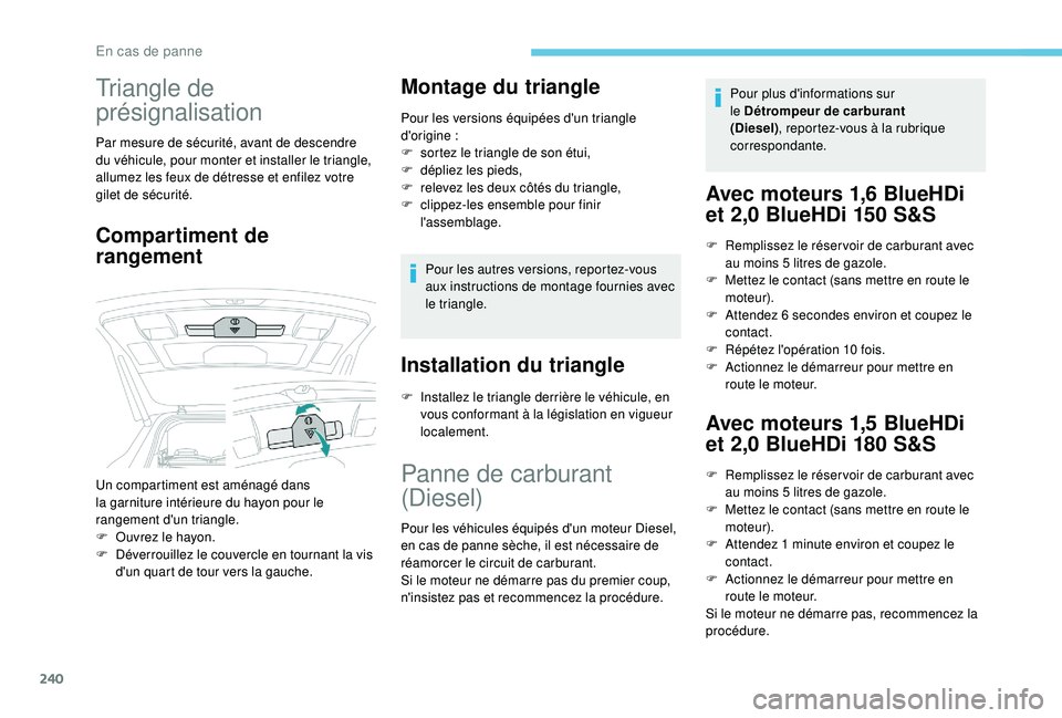 PEUGEOT 5008 2018  Manuel du propriétaire (in French) 240
Triangle de 
présignalisation
Par mesure de sécurité, avant de descendre 
du véhicule, pour monter et installer le triangle, 
allumez les feux de détresse et enfilez votre 
gilet de sécurit